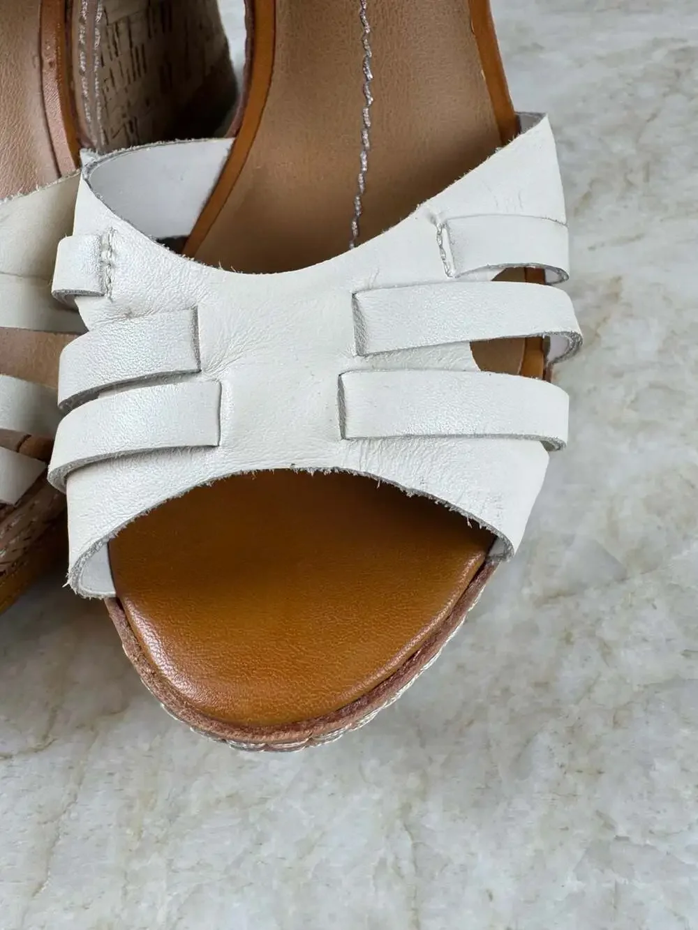 DV Dolce Vita Jaslyn Leather Cork Wedge Platform Sandals Tan White Womens 8.5